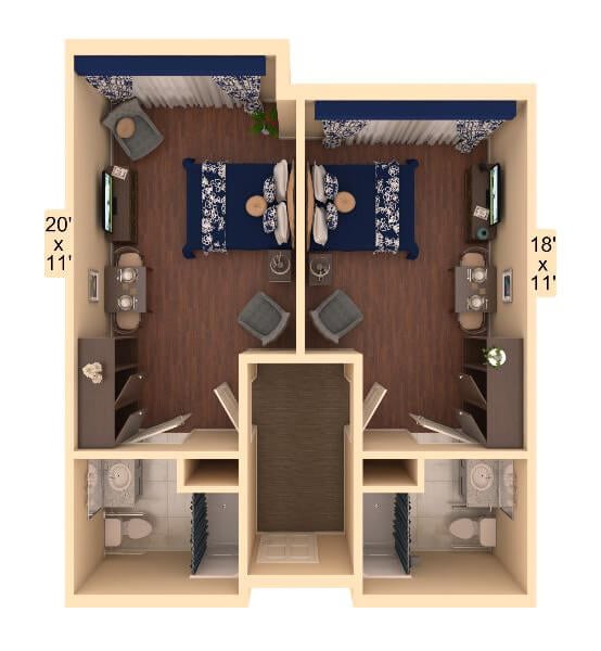 Duet Memory Care Floor Plan - Aerial view with room dimensions
