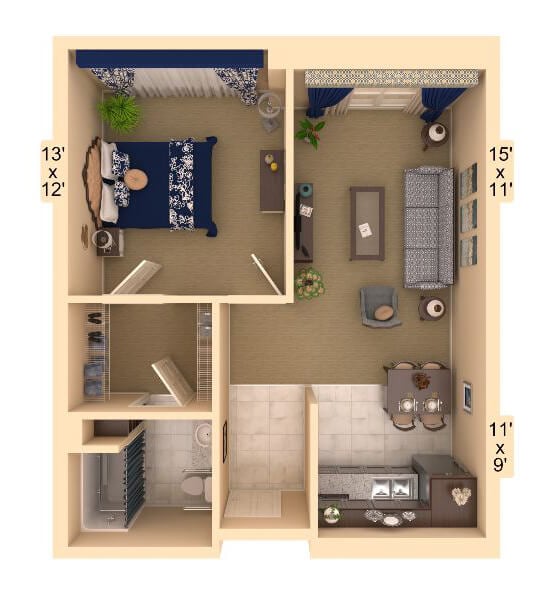 Harmony Assisted Living Floor Plan - Aerial view with room dimensions