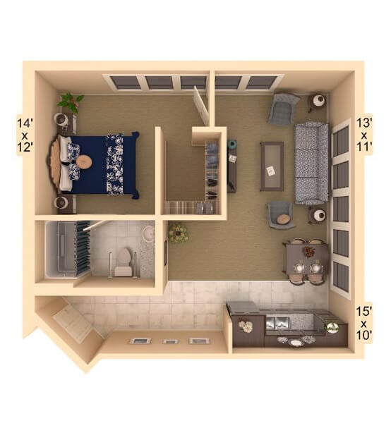 Tempo Assisted Living Floor Plan - Aerial view with room dimensions