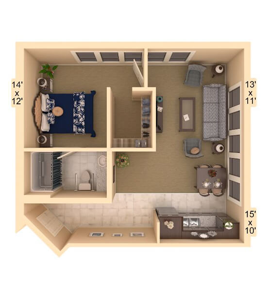 Tempo Assisted Living Floor Plan - Aerial view with room dimensions